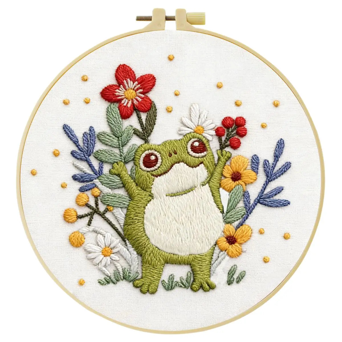 Cute Frog Embroidery Kit – Whimsical Floral Frog DIY Hand Embroidery Hoop Art Set