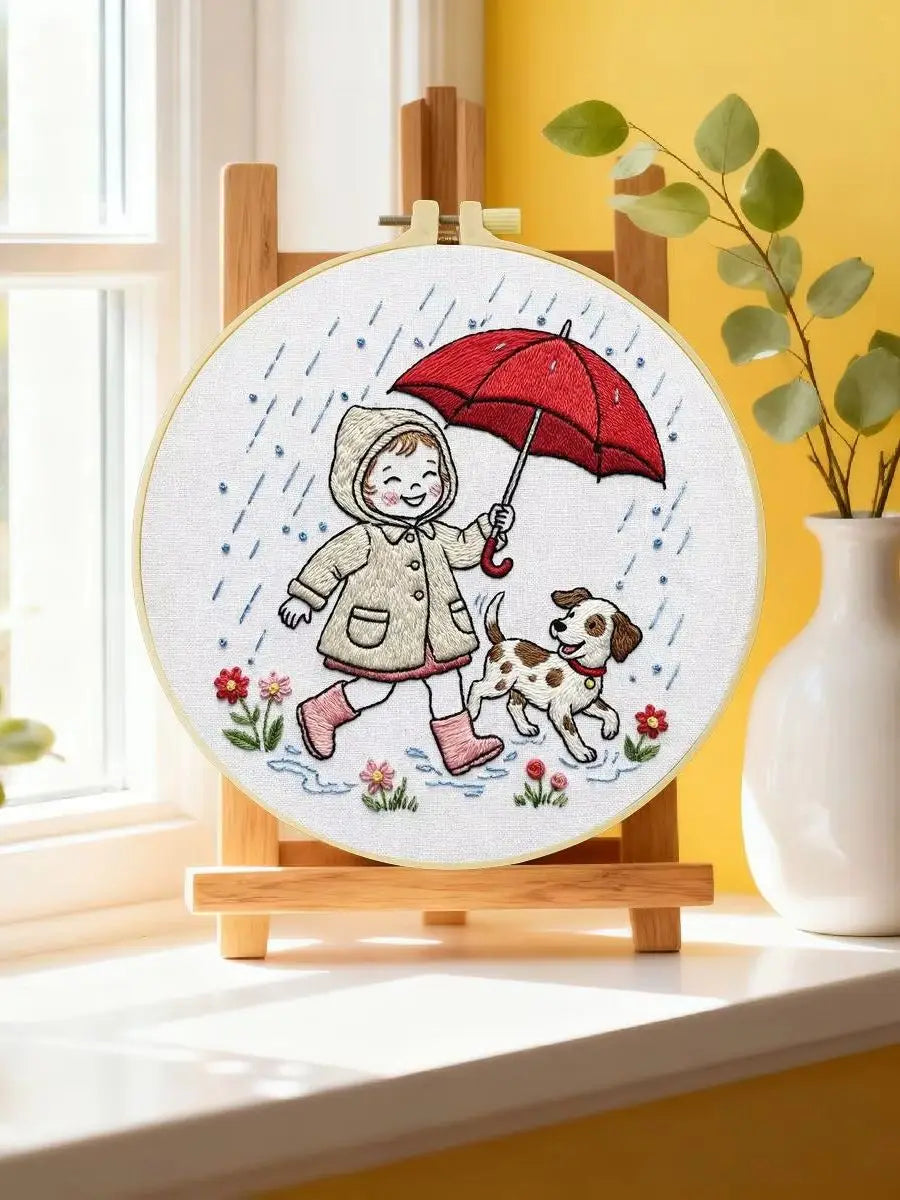Rainy Day Puppy Walk Embroidery Kit ☔🐶❤