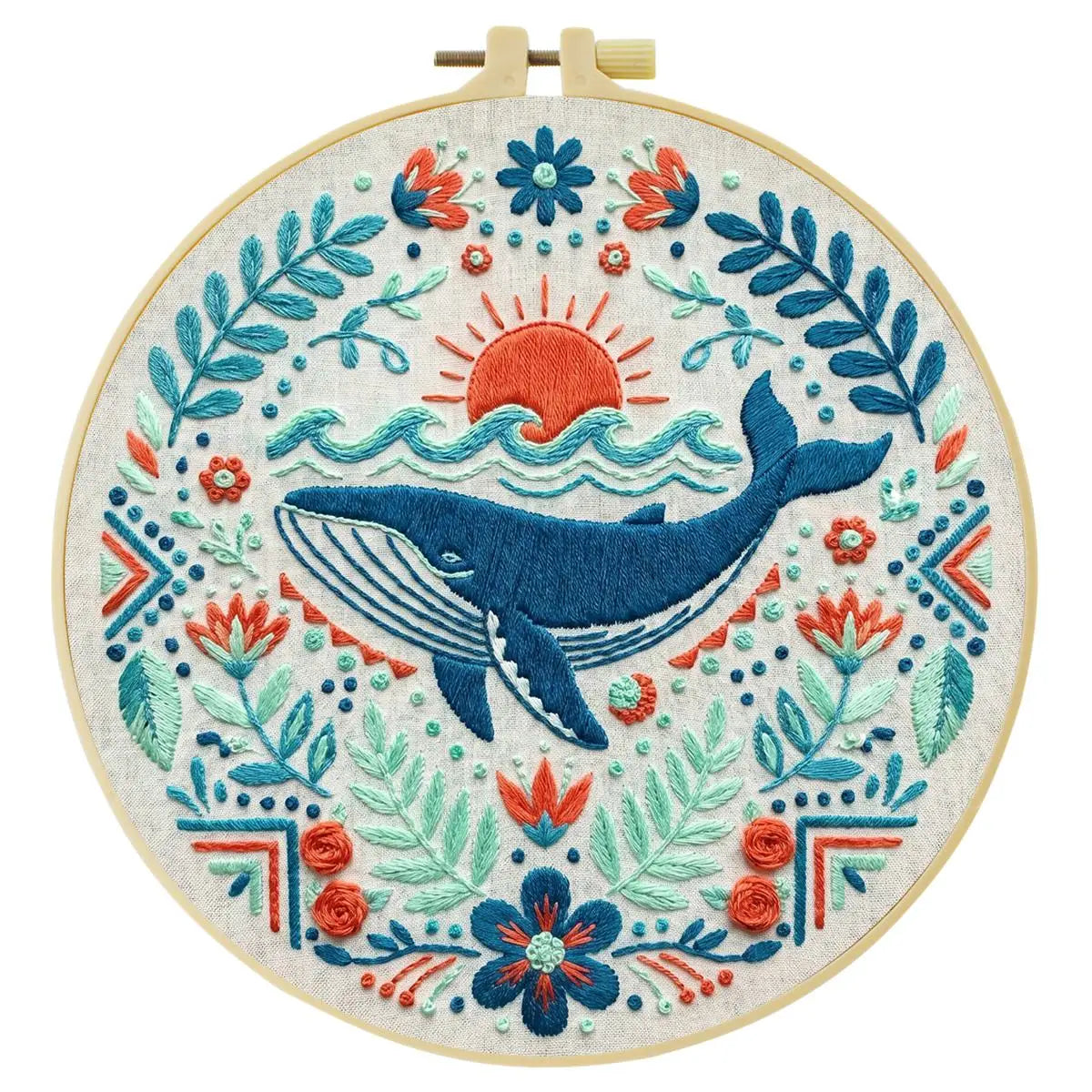 Folk Art Whale & Ocean Floral Embroidery Kit