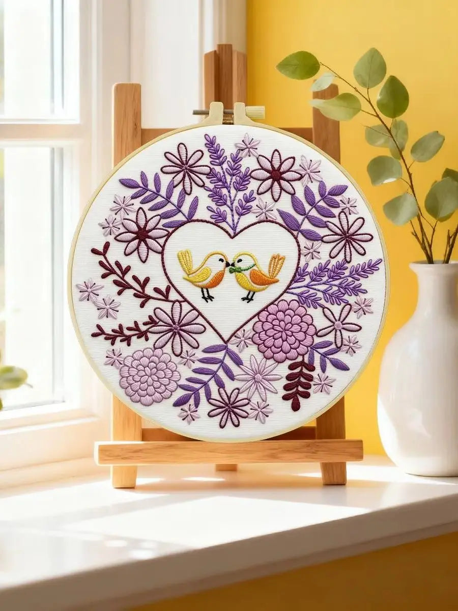 Lovebirds Heart Embroidery Kit – Romantic Floral DIY Hand Embroidery Hoop Art Set