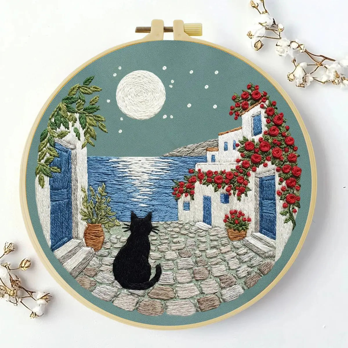 Moonlit Coastal Cat Embroidery Kit 🌙🐈�