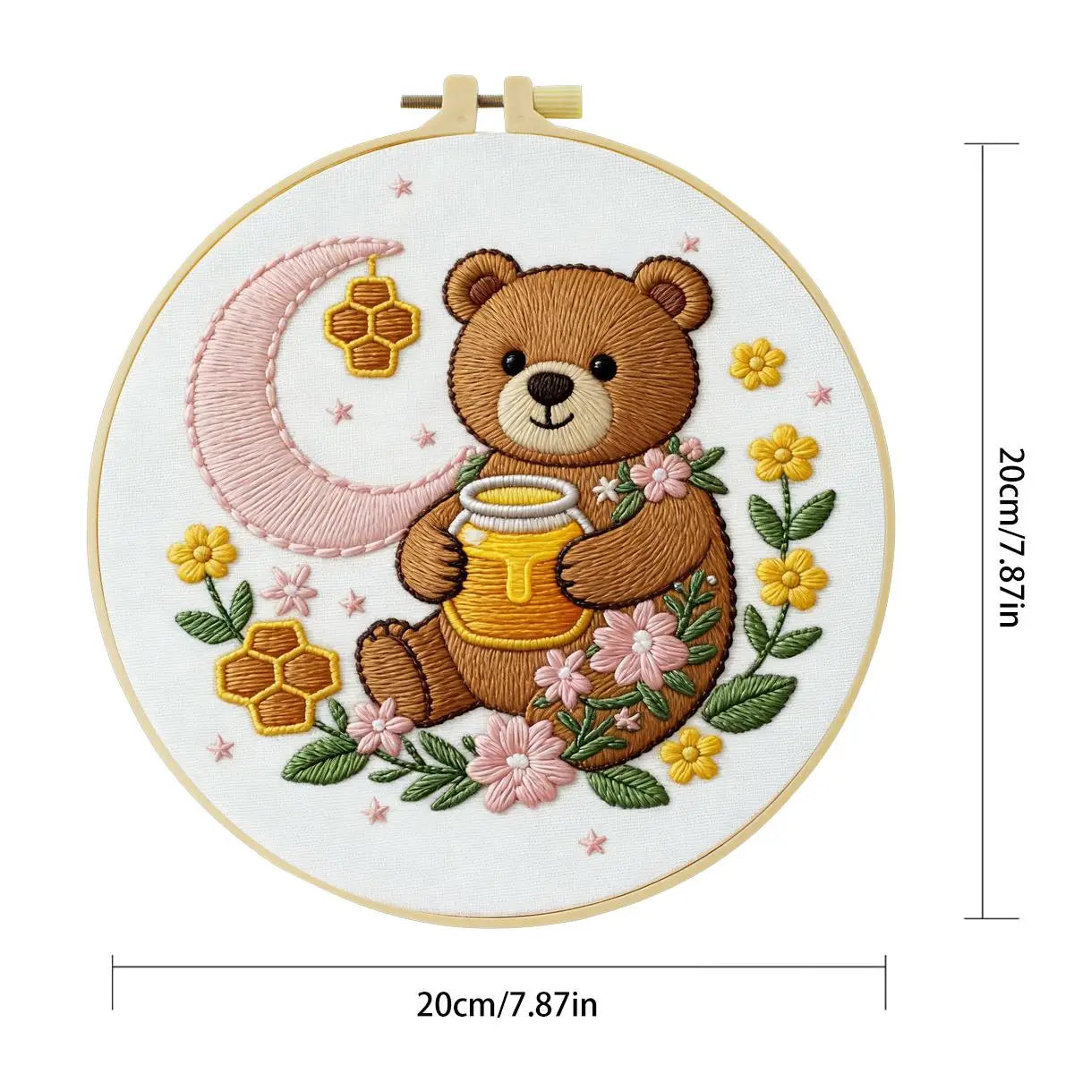 Moonlit Honey Bear Embroidery Kit – Cute Teddy Bear DIY Hand Embroidery Hoop Art Set
