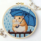 Rainy Day Hamster Embroidery Kit – Cute Umbrella Hamster DIY Hand Embroidery Set ☔🐹💙