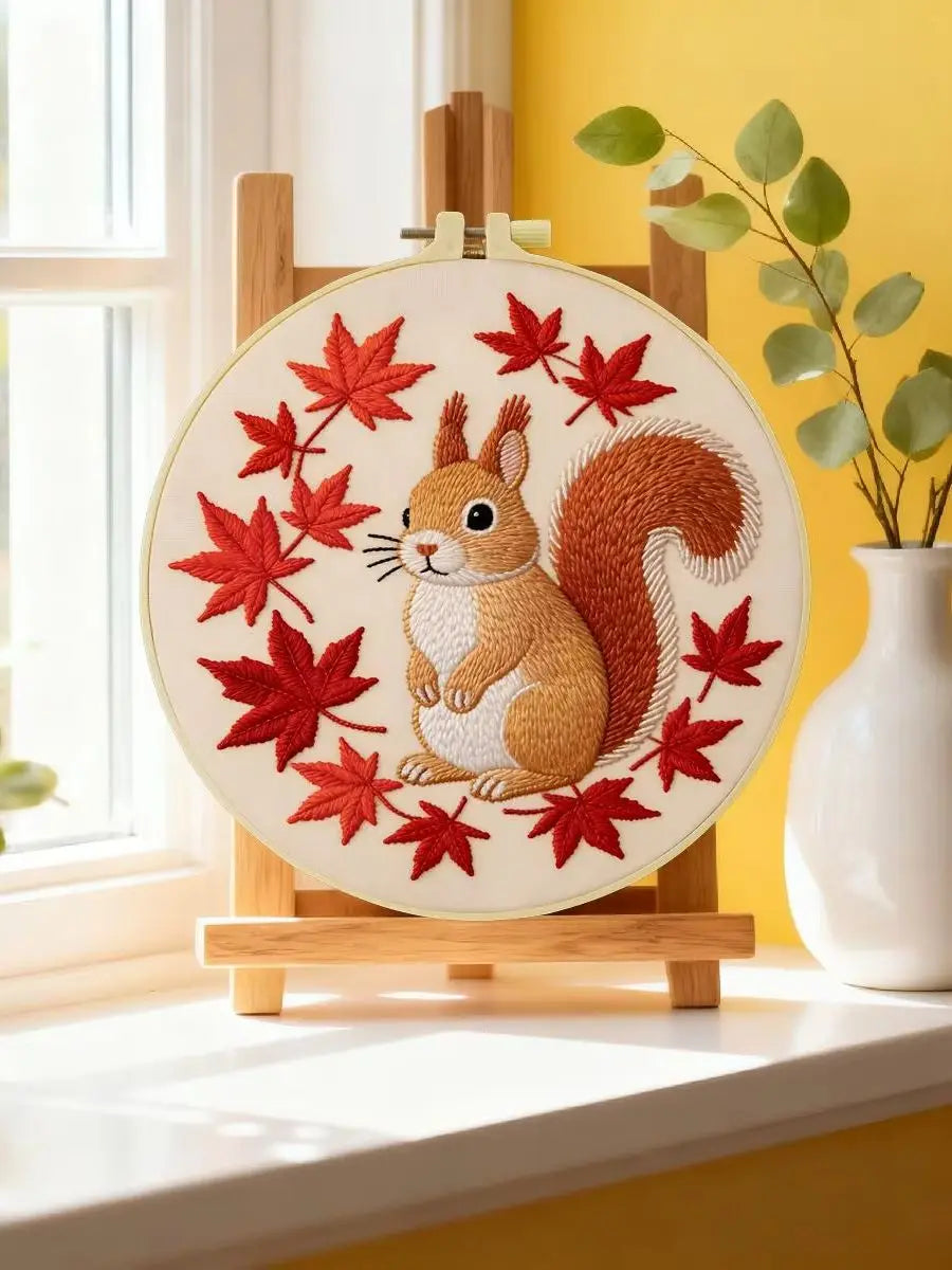 Autumn Squirrel Embroidery Kit – Cute Woodland Maple Leaf Design