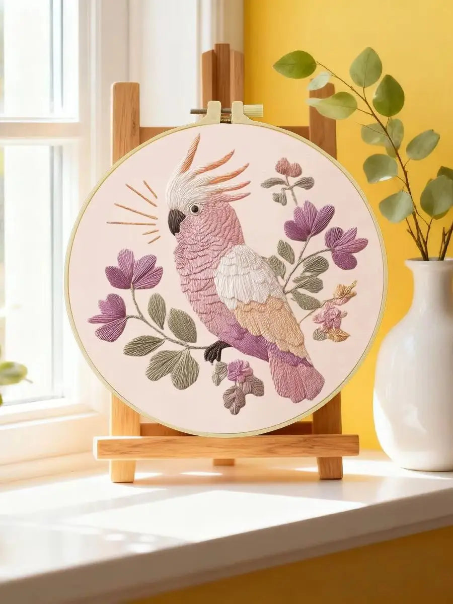 Pink Cockatoo Embroidery Kit – Floral Galah Parrot DIY Hand Embroidery Hoop Art Set