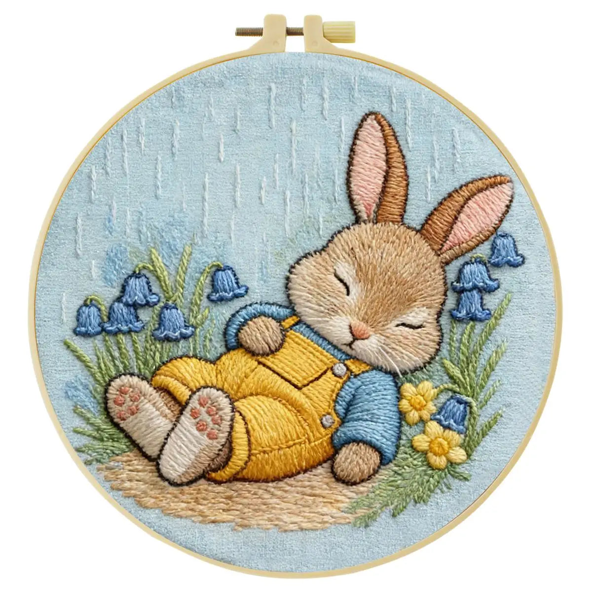 Sleeping Bunny Embroidery Kit – Cozy Rainy Day Rabbit DIY Hand Embroidery Set 🐰🌧️💛