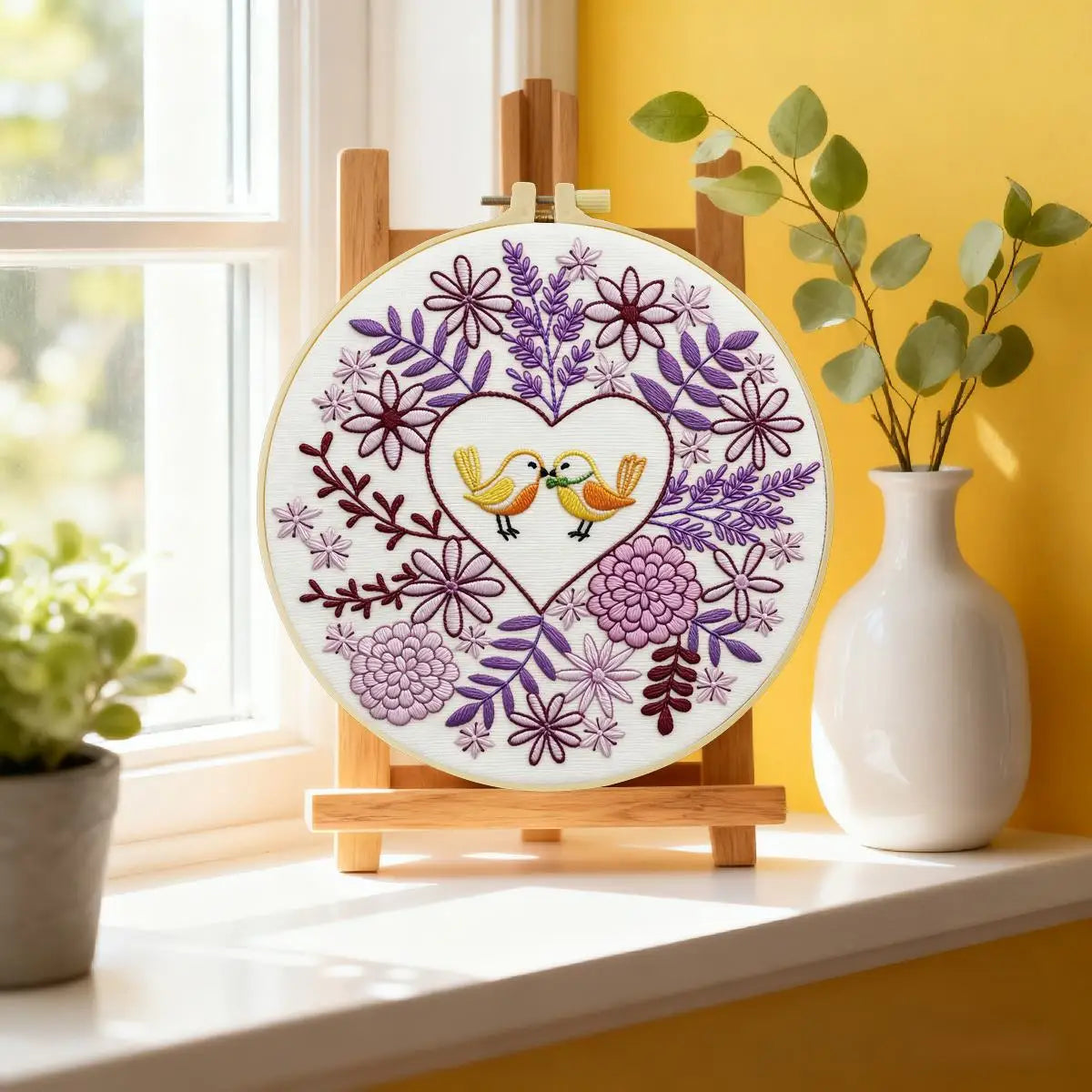 Lovebirds Heart Embroidery Kit – Romantic Floral DIY Hand Embroidery Hoop Art Set