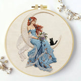 Moonlit Fairy Embroidery Kit – Enchanted Cat & Crescent Moon DIY Hand Embroidery Hoop Art Set