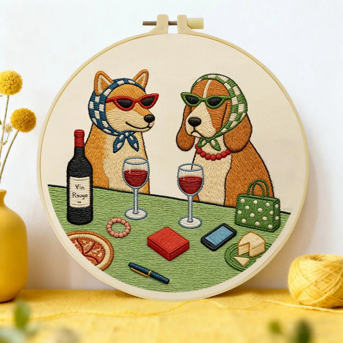 Wine & Whiskers Embroidery Kit – Stylish Dog Friends DIY Hand Embroidery Set 🍷🐶✨