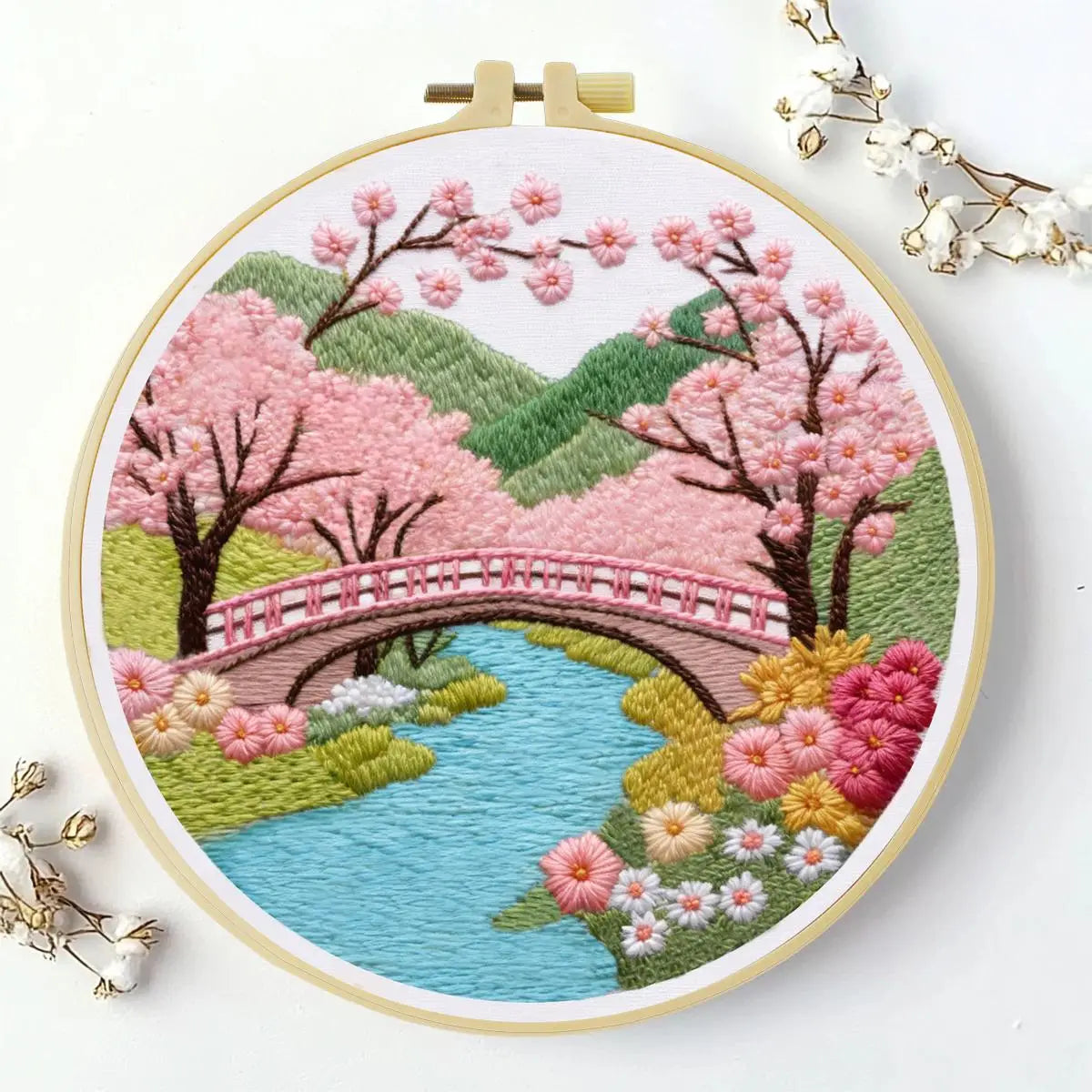 Cherry Blossom Bridge Embroidery Kit – Japanese Spring Garden Landscape Design