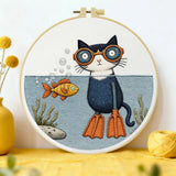 Scuba Cat Embroidery Kit – Funny Underwater Kitty DIY Hand Embroidery Set 🐱🐠🤿
