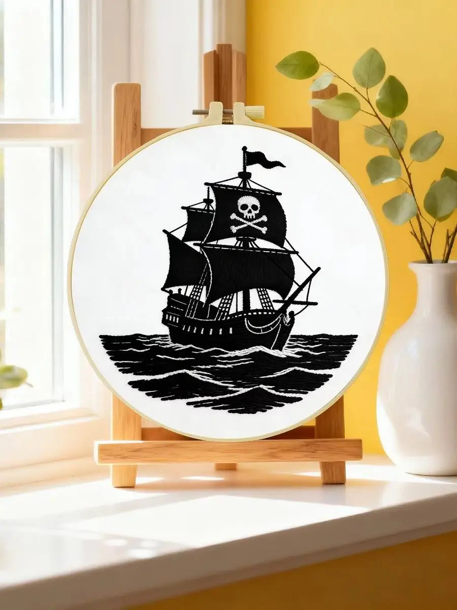 Black Pirate Ship Embroidery Kit – Skull & Crossbones Nautical Design