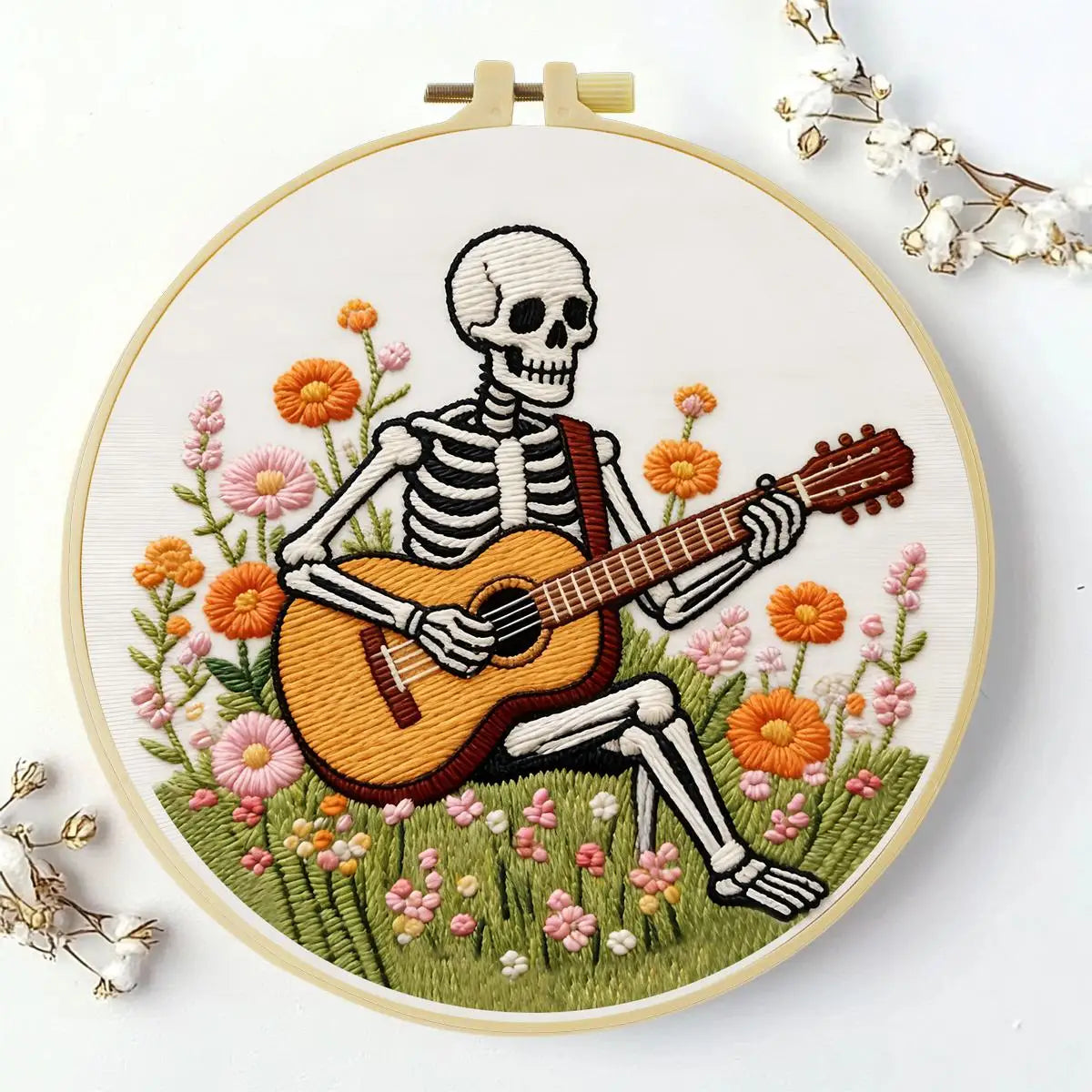 Skeleton Guitarist Embroidery Kit – Floral Music & Wildflower Design