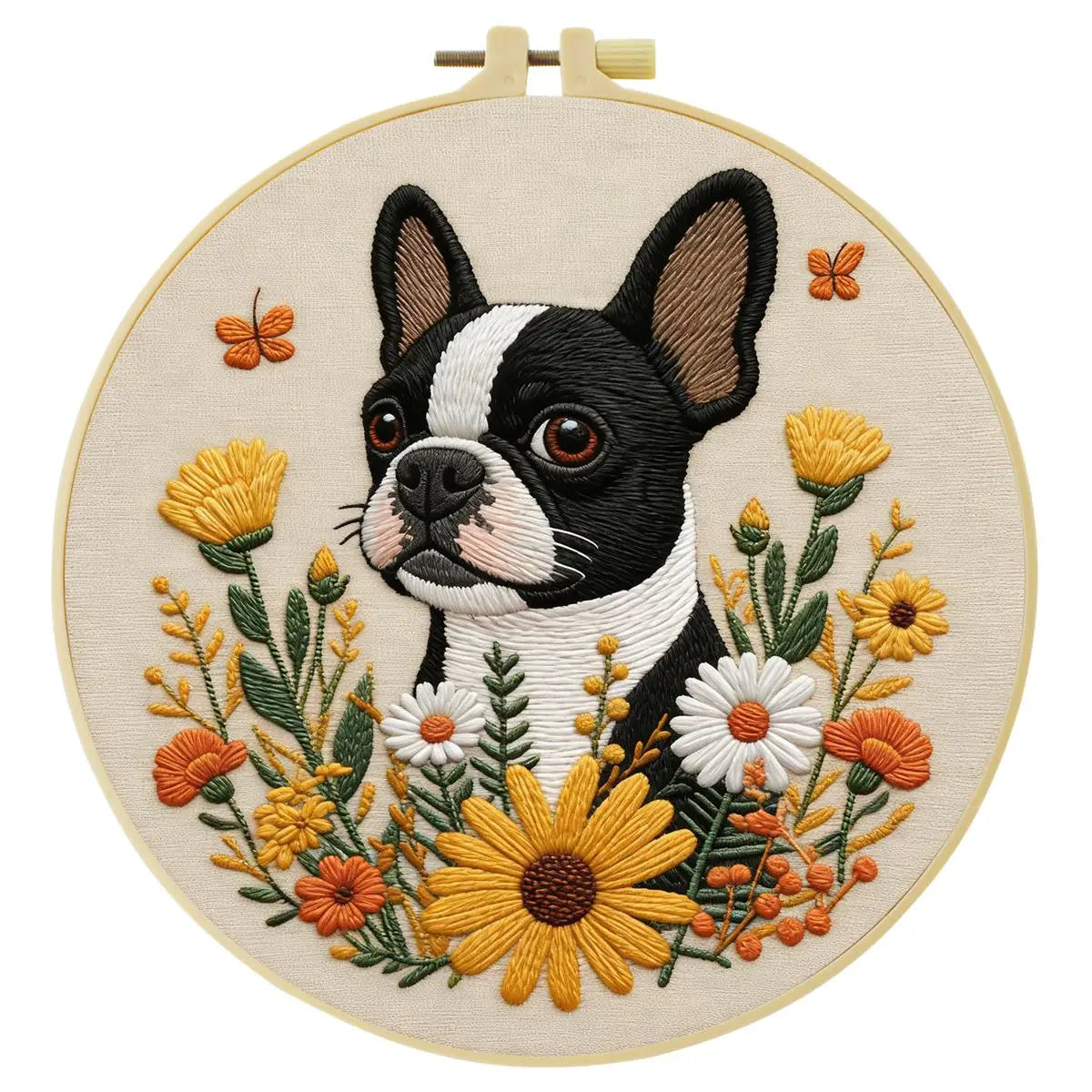 Boston Terrier Embroidery Kit – Floral Puppy DIY Hand Embroidery Hoop Art Set