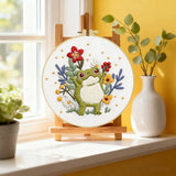 Cute Frog Embroidery Kit – Whimsical Floral Frog DIY Hand Embroidery Hoop Art Set
