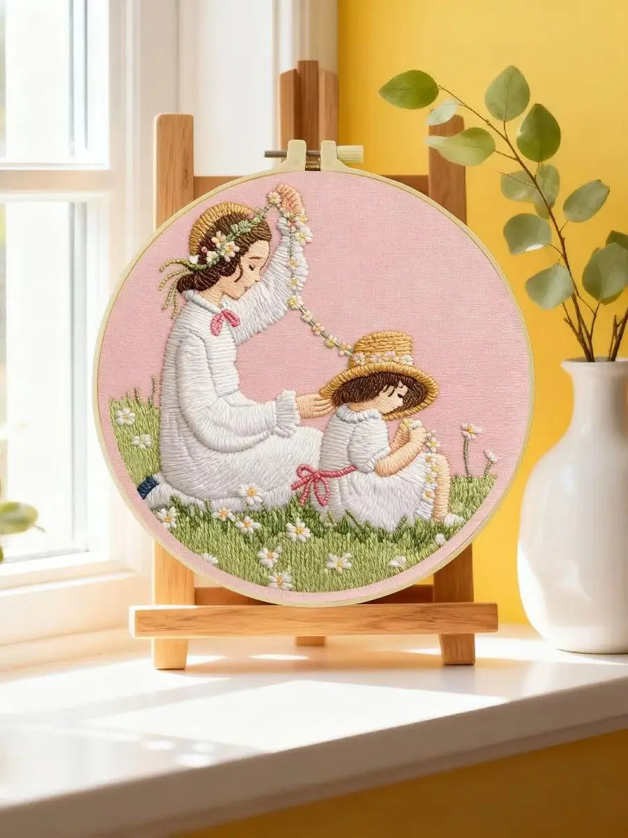 Mother & Daughter Daisy Chain Embroidery Kit – Heartwarming Floral DIY Hand Embroidery Hoop Art Set
