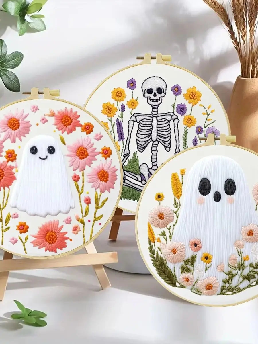 Floral Ghosts & Skeleton Embroidery Kit – 3 Designs