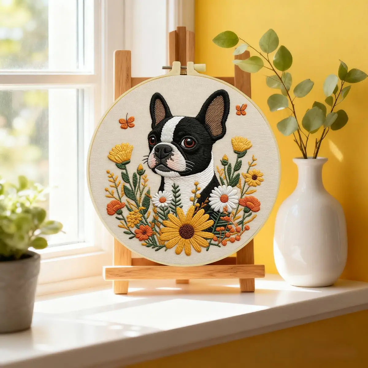 Boston Terrier Embroidery Kit – Floral Puppy DIY Hand Embroidery Hoop Art Set