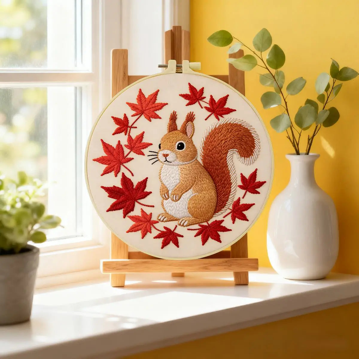 Autumn Squirrel Embroidery Kit – Cute Woodland Maple Leaf Design