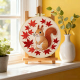 Autumn Squirrel Embroidery Kit – Cute Woodland Maple Leaf Design