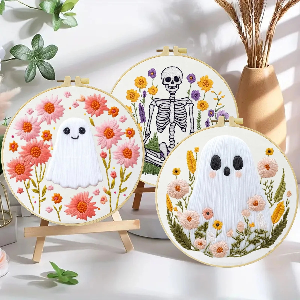 Floral Ghosts & Skeleton Embroidery Kit – 3 Designs