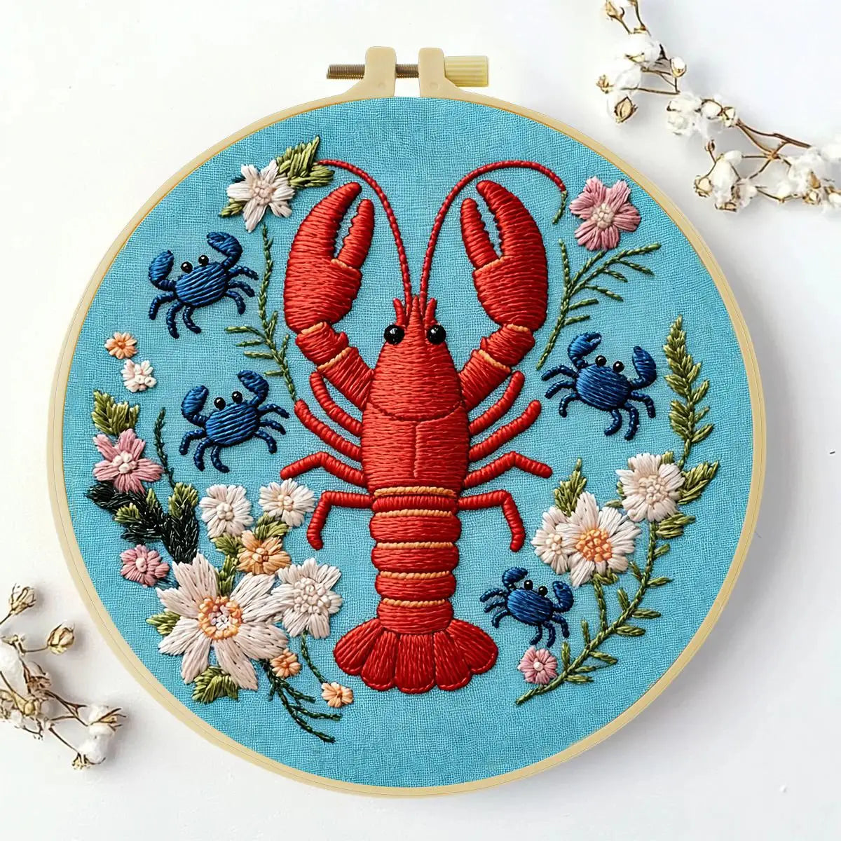Lobster & Blue Crabs Embroidery Kit – Colorful Coastal Floral Design