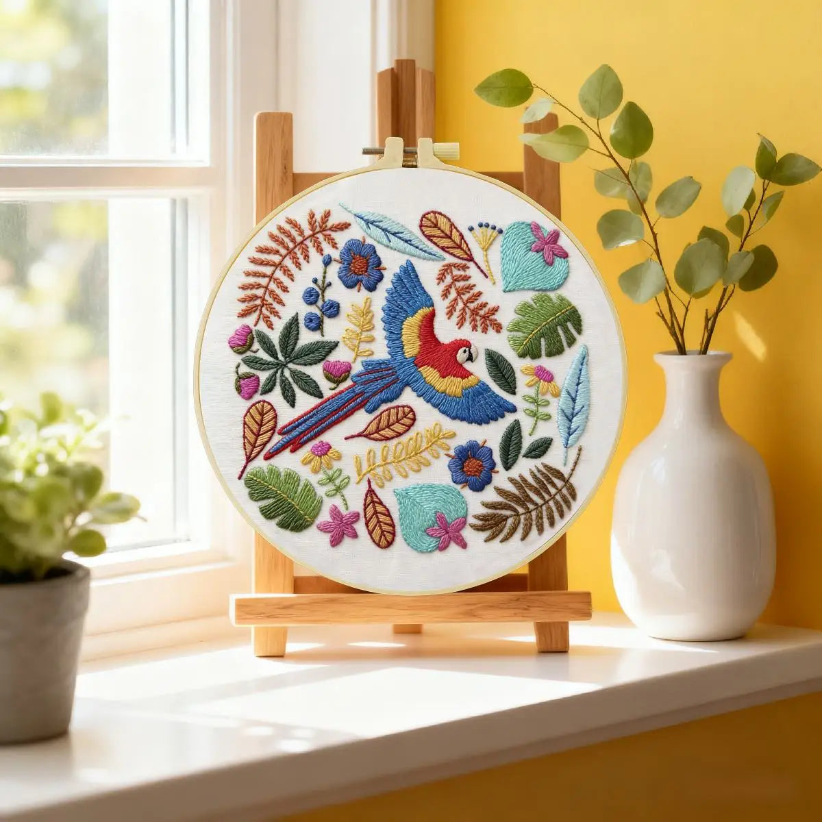 Tropical Macaw Embroidery Kit – Colorful Parrot DIY Hand Embroidery Hoop Art Set