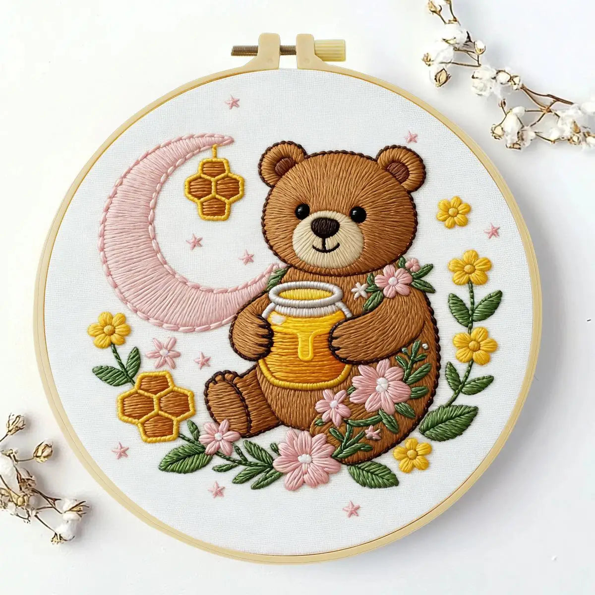 Moonlit Honey Bear Embroidery Kit – Cute Teddy Bear DIY Hand Embroidery Hoop Art Set