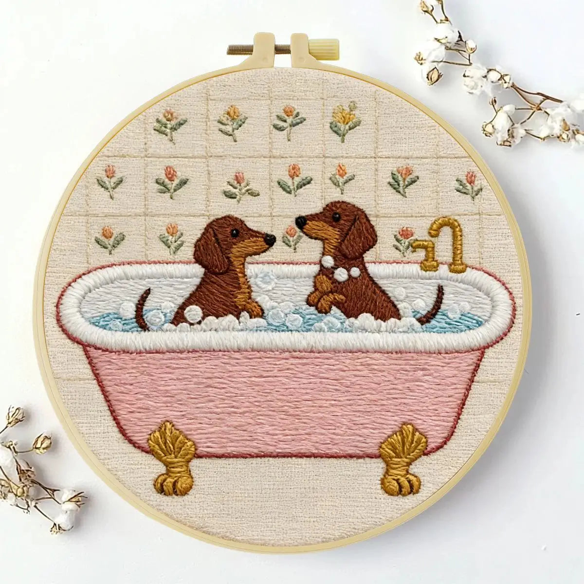 Dachshund Bath Time Embroidery Kit – Cute Sausage Dog DIY Hand Embroidery Hoop Art Set 🛁🐾