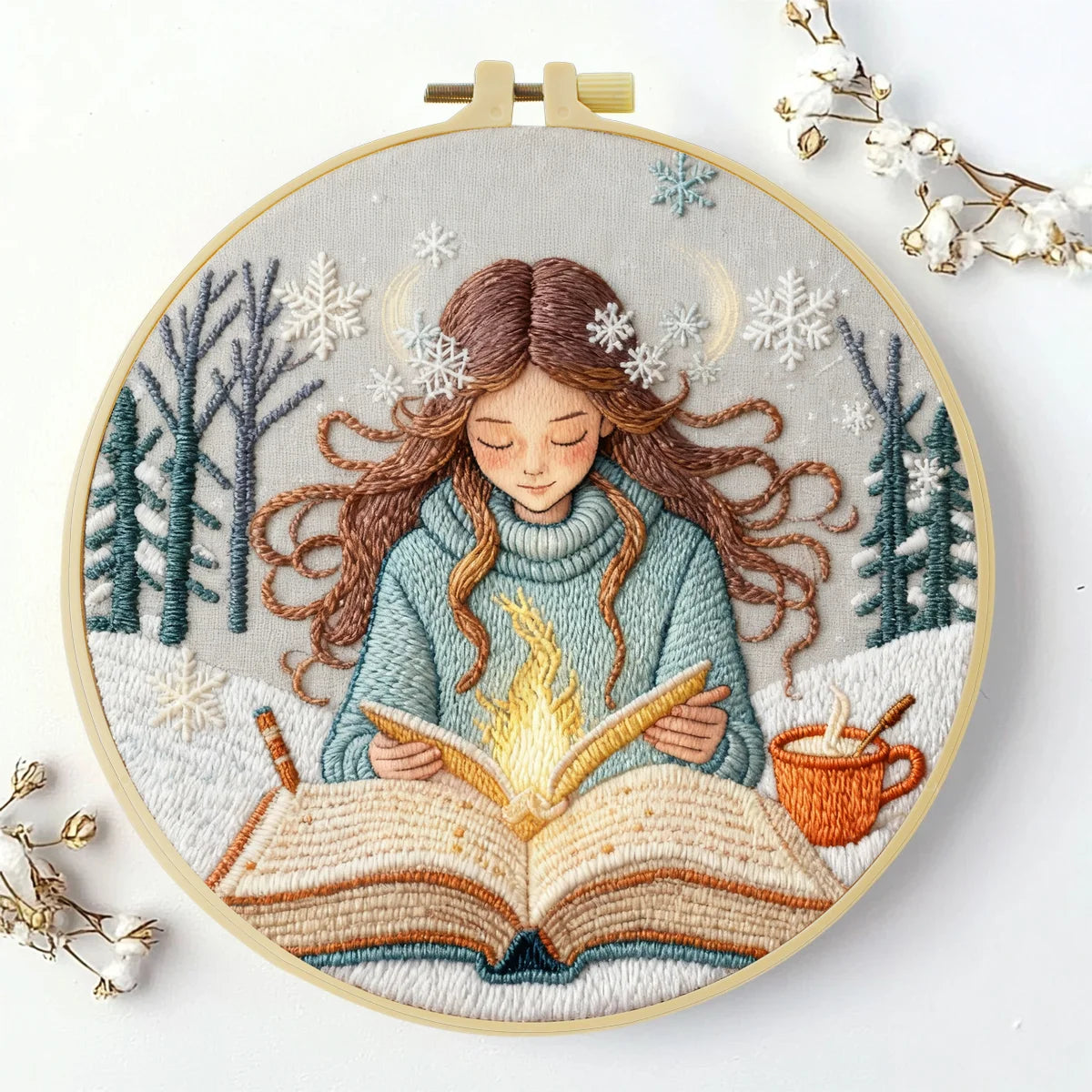 Winter Girl Reading Embroidery Starter Kit DIY – Beginner Cozy Book-Themed Hand Embroidery Kit