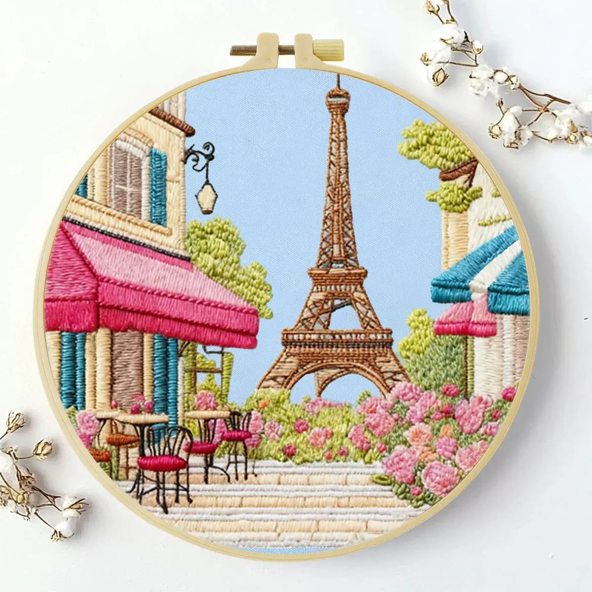 Paris Eiffel Tower Punch Needle Wall Art – Handmade Embroidery Hoop Decor for Nursery & Cozy Rooms
