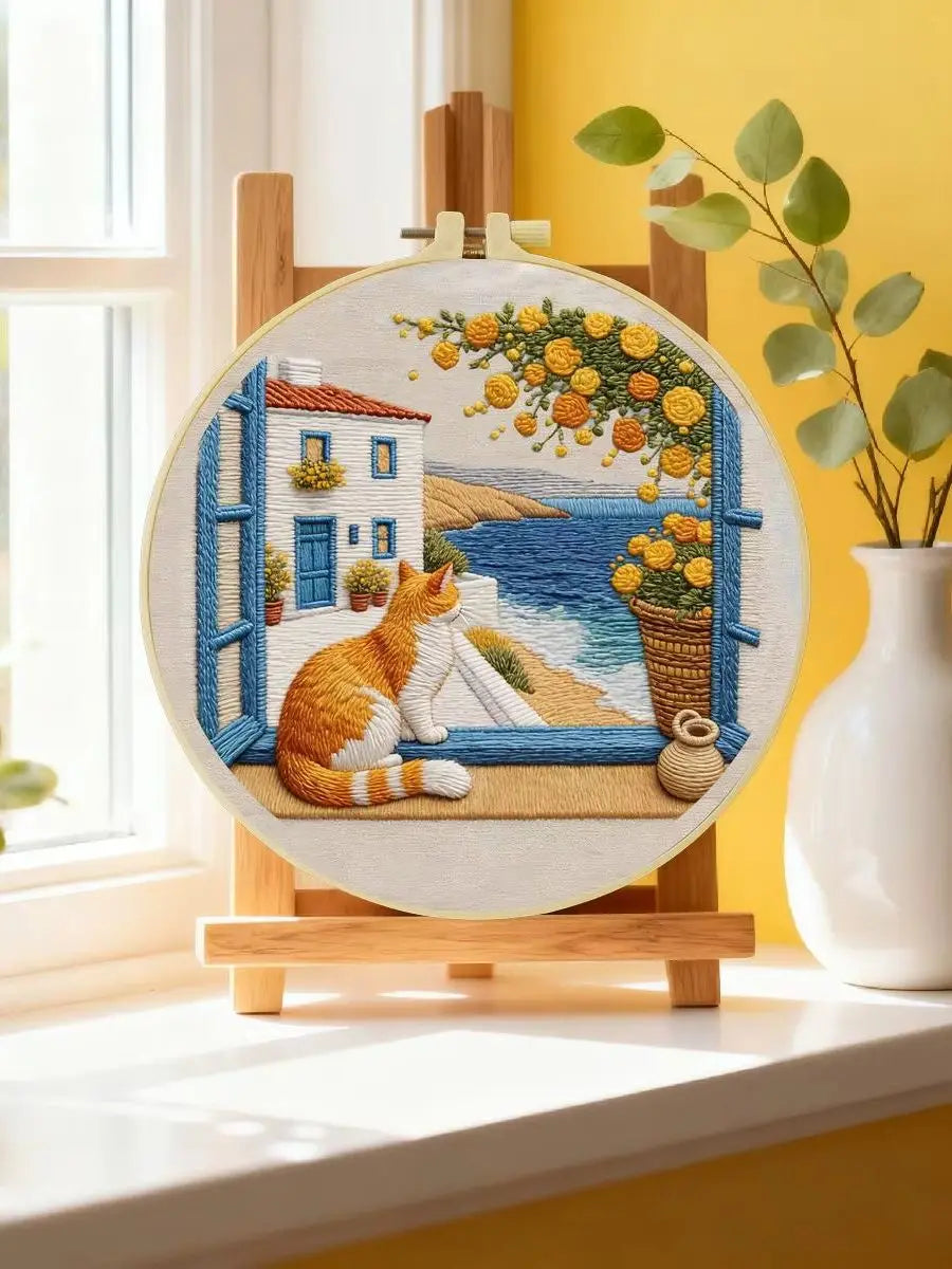 Seaside Window Cat Embroidery Kit