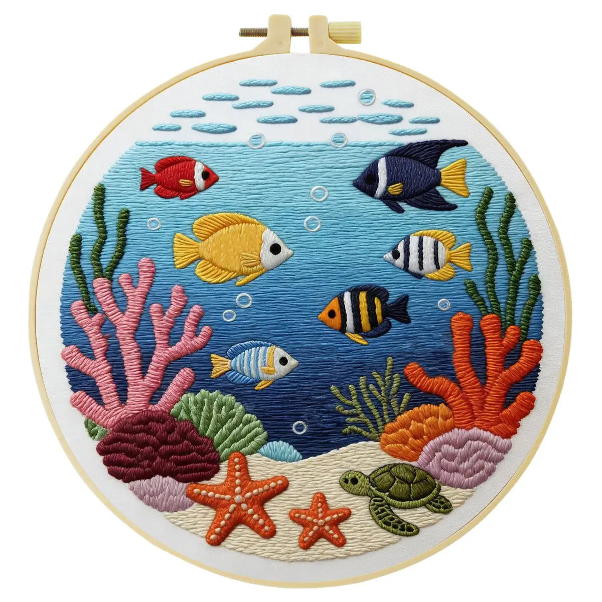 Ocean Life Embroidery Kit – Tropical Fish & Sea Turtle DIY Hand Embroidery Hoop Art Set