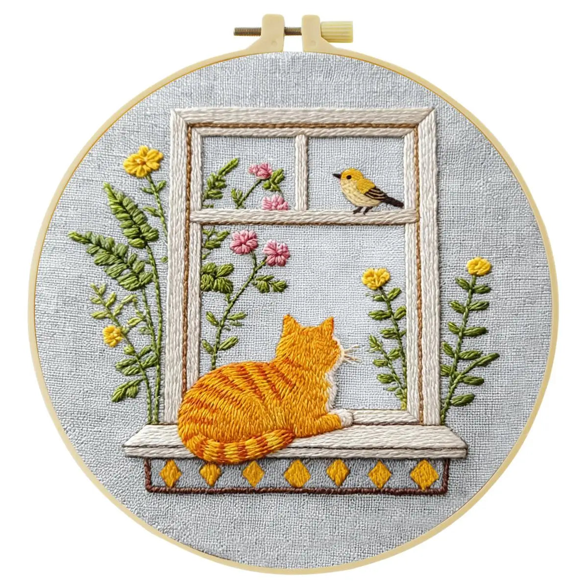 Window Cat Embroidery Kit – Cozy Birdwatching Kitty DIY Hand Embroidery Hoop Art Set