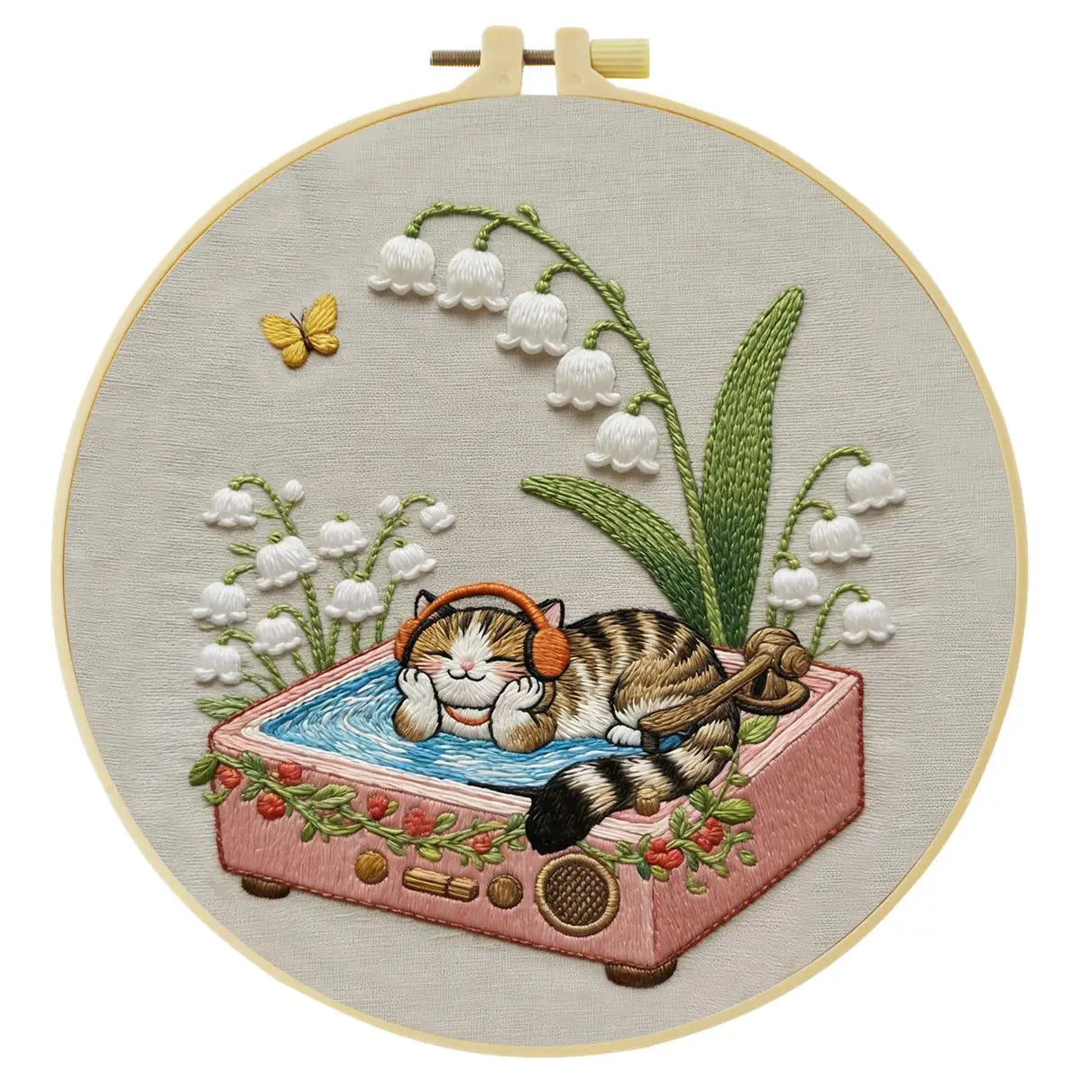 Cozy Cat & Lily of the Valley Embroidery Kit