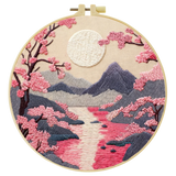 Handmade Cherry Blossom Landscape Embroidery Hoop Wall Art – Serene Mountain River Decor