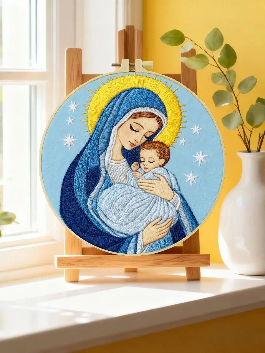 Virgin Mary & Baby Jesus Embroidery Starter Kit DIY – Beginner Religious Hand Embroidery Kit with Sacred Art Design