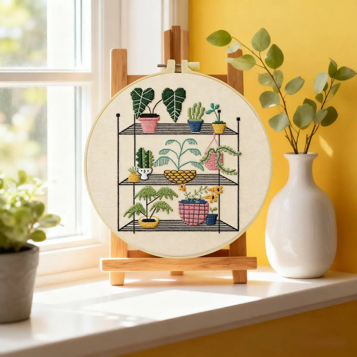 Indoor Plant Shelf Embroidery Kit – Cozy Houseplants DIY Hand Embroidery Hoop Art Set