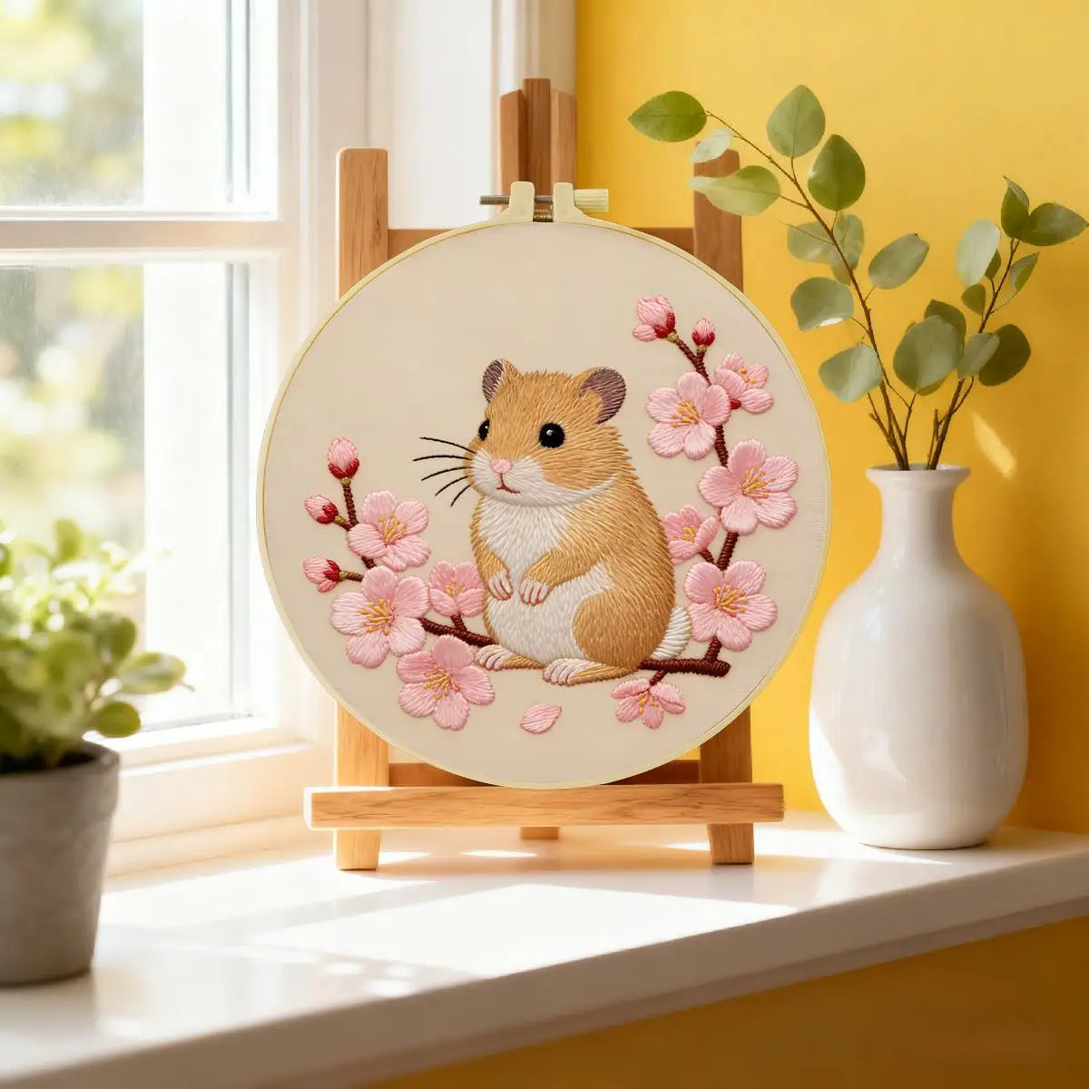 Cherry Blossom Hamster Embroidery Kit – Cute Spring Floral Animal Design