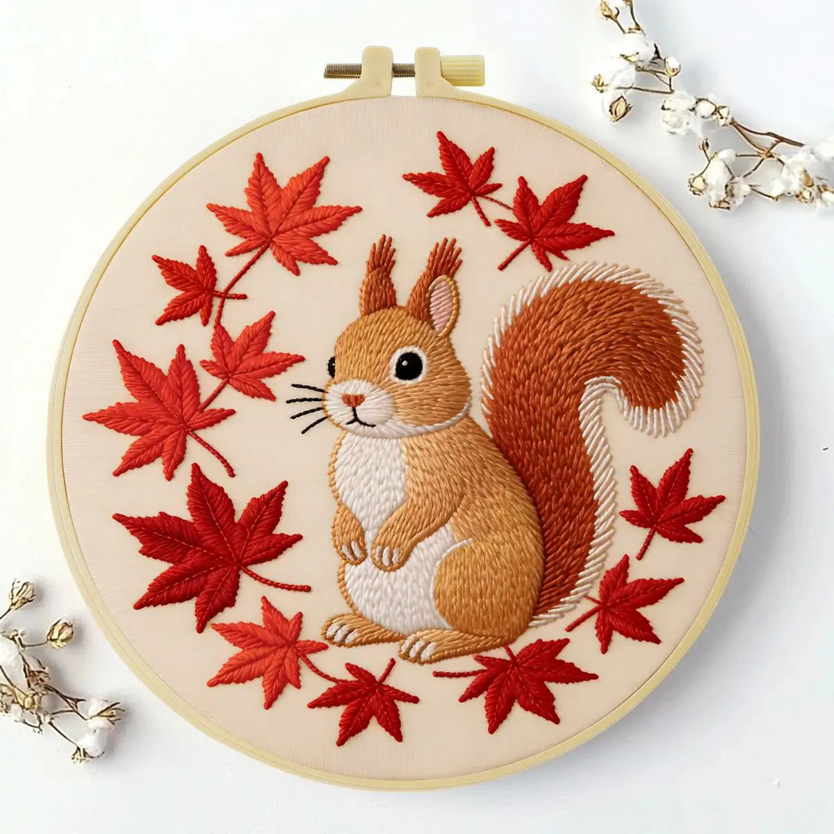 Autumn Squirrel Embroidery Kit – Cute Woodland Maple Leaf Design