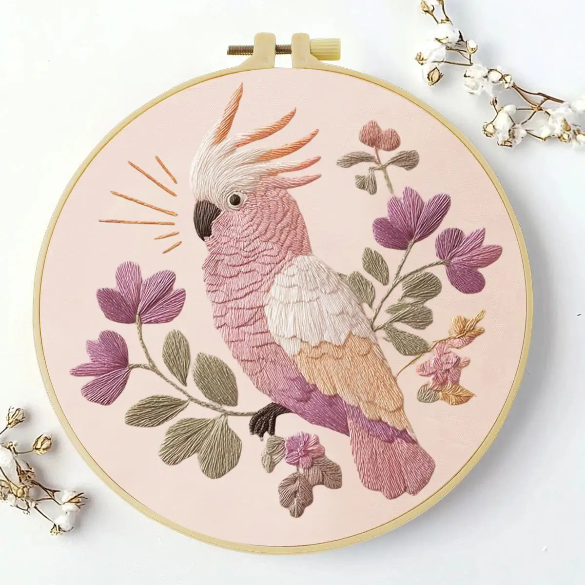 Pink Cockatoo Embroidery Kit – Floral Galah Parrot DIY Hand Embroidery Hoop Art Set