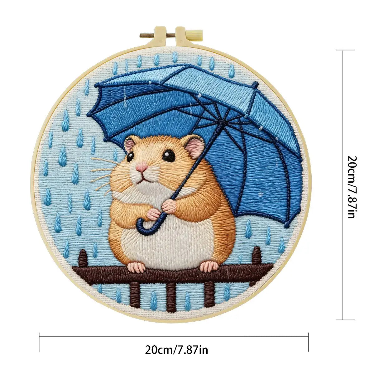Rainy Day Hamster Embroidery Kit – Cute Umbrella Hamster DIY Hand Embroidery Set ☔🐹💙