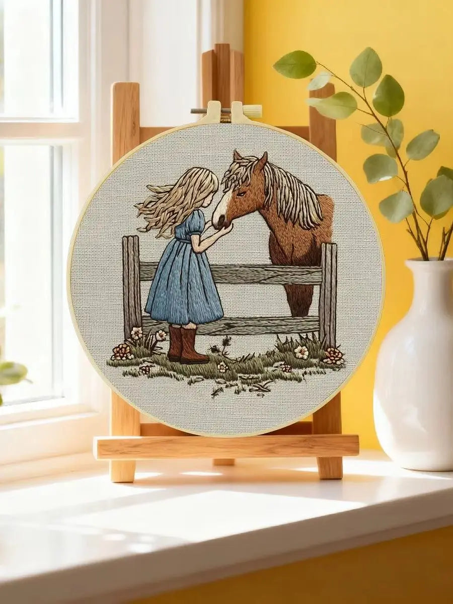 Girl & Horse Embroidery Kit – Heartwarming Equestrian DIY Hand Embroidery Hoop Art Set