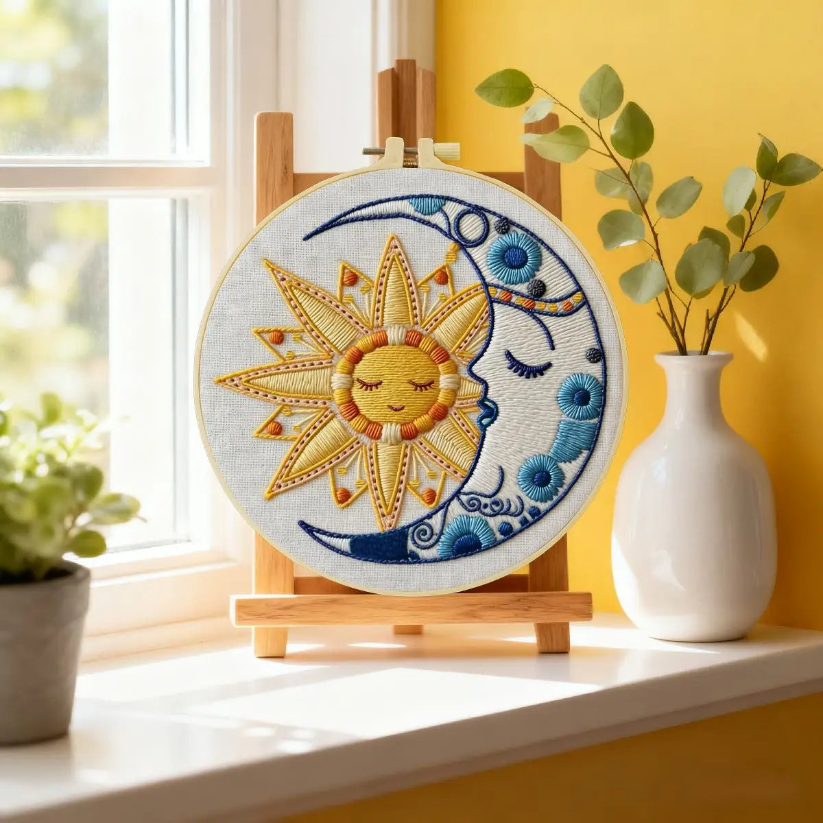 Sun & Moon Embroidery Kit – Celestial Harmony DIY Hand Embroidery Hoop Art Set