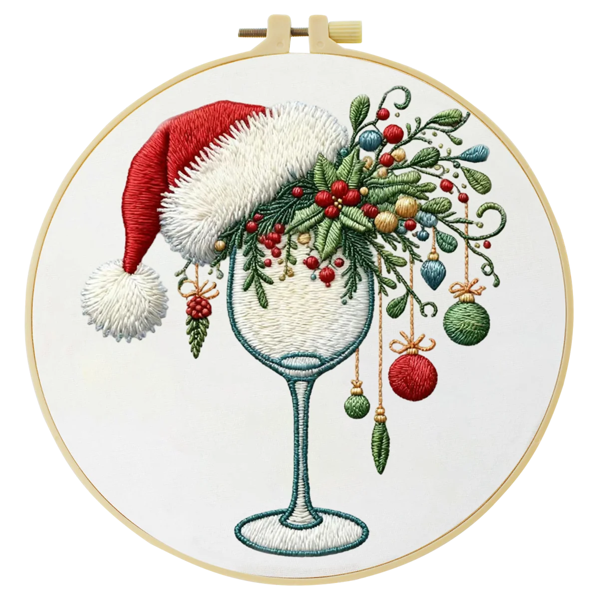 Christmas Wine Glass Embroidery DIY Kit – Festive Holiday Beginner Stitching Kit with Hoop, Pattern & Threads