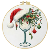 Christmas Wine Glass Embroidery DIY Kit – Festive Holiday Beginner Stitching Kit with Hoop, Pattern & Threads
