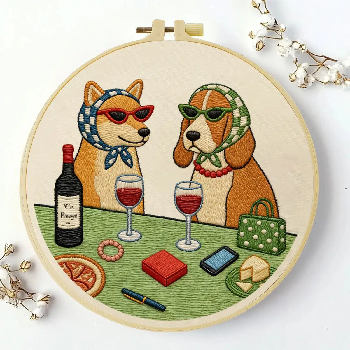 Wine & Whiskers Embroidery Kit – Stylish Dog Friends DIY Hand Embroidery Set 🍷🐶✨