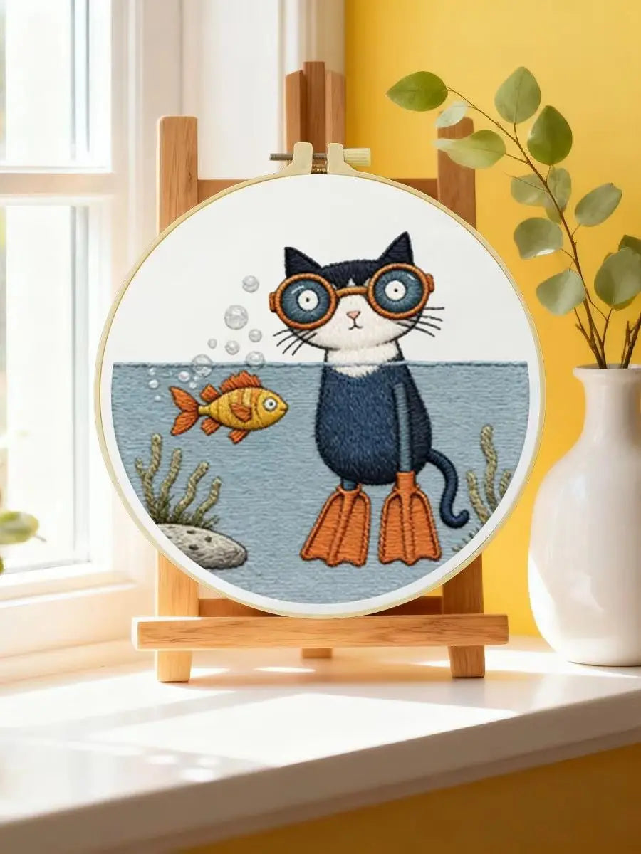 Scuba Cat Embroidery Kit – Funny Underwater Kitty DIY Hand Embroidery Set 🐱🐠🤿