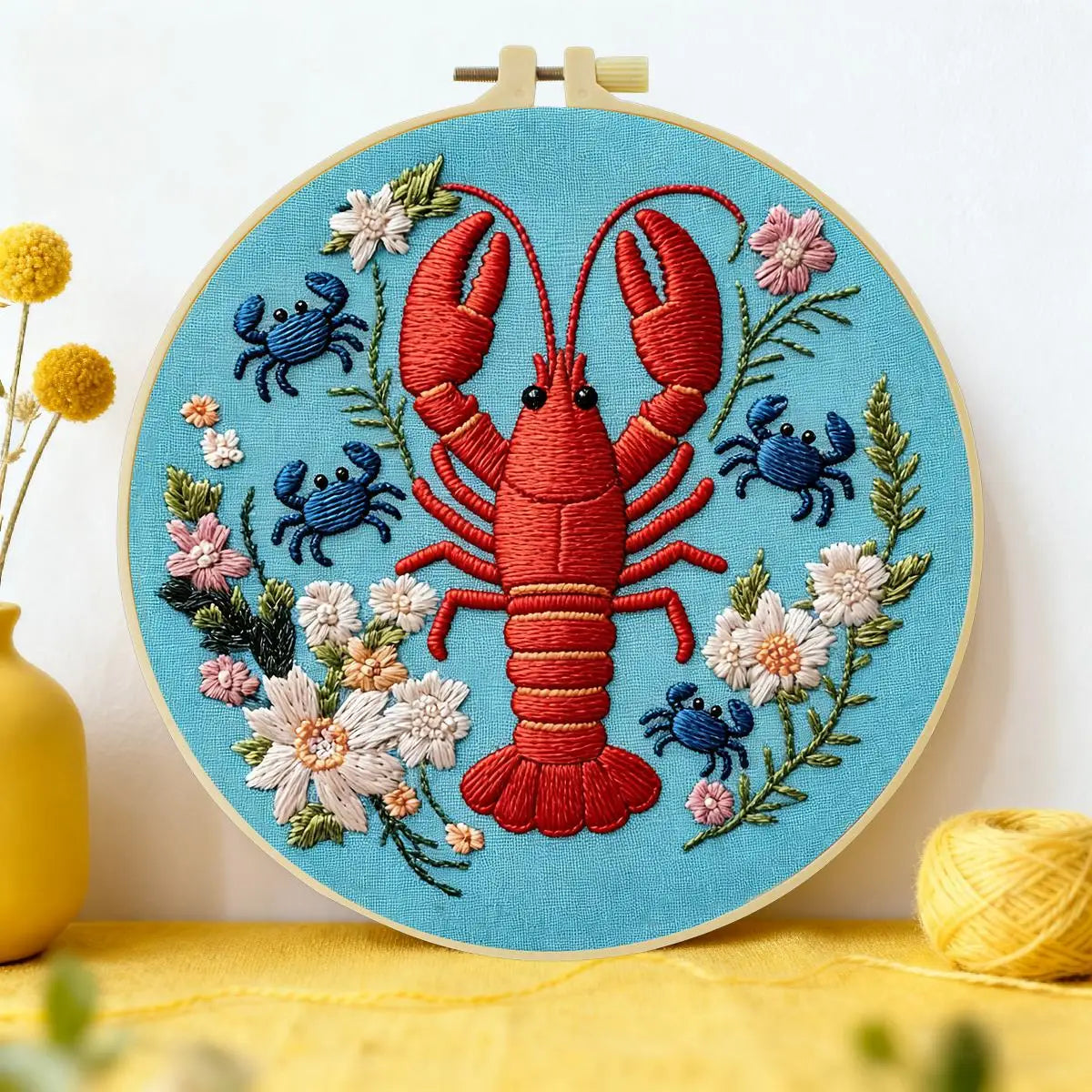 Lobster & Blue Crabs Embroidery Kit – Colorful Coastal Floral Design