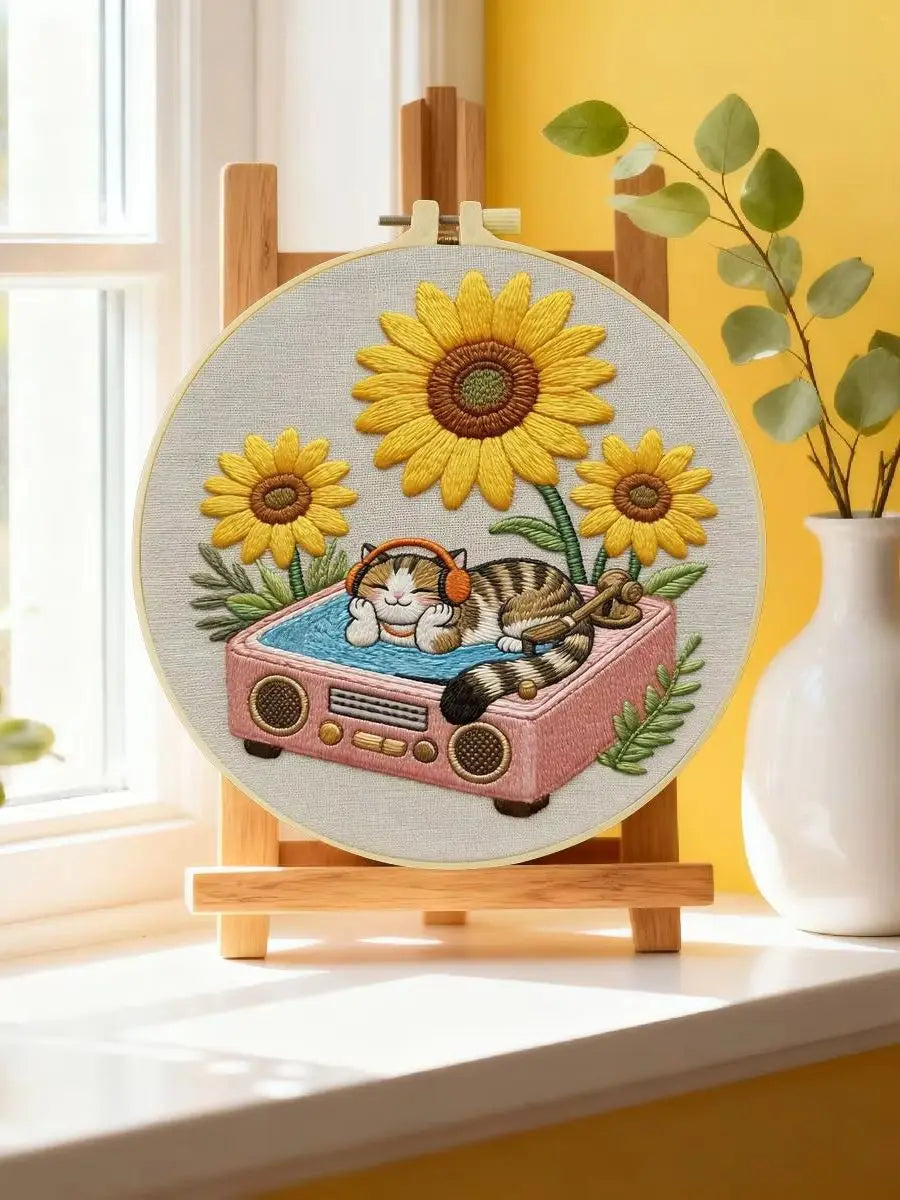 Sunflower DJ Cat Embroidery Kit